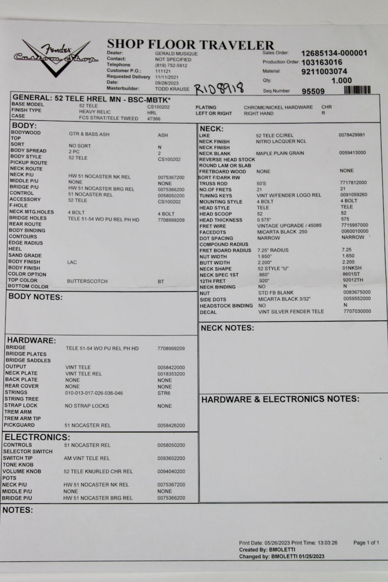Fender Todd Krause Master Built '52 Telecaster Heavy Relic - Butterscotch Blonde 2023 w/OHSC (9211003074)