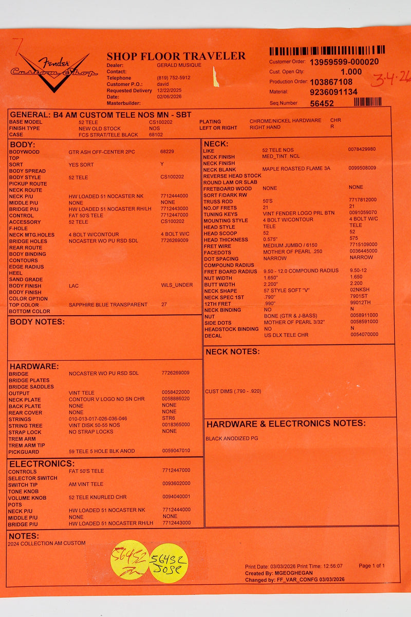 Fender Custom Shop American Custom Telecaster NOS, Roasted 3A Flame Maple Neck - Sapphire Blue Transparent