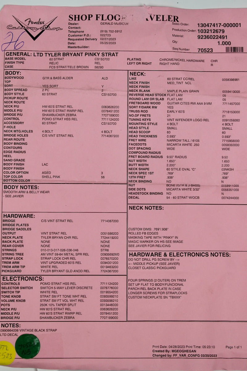 Fender Limited Edition Tyler Bryant ''Pinky'' Stratocaster Relic Rosewood Fingerboard - Aged Shell Pink w/OHSC (9236022491)