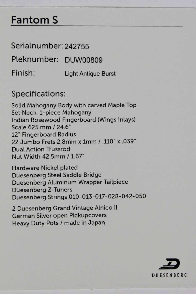 Duesenberg Fantom S - Light Antique Burst w/OHSC (DFSLABS)