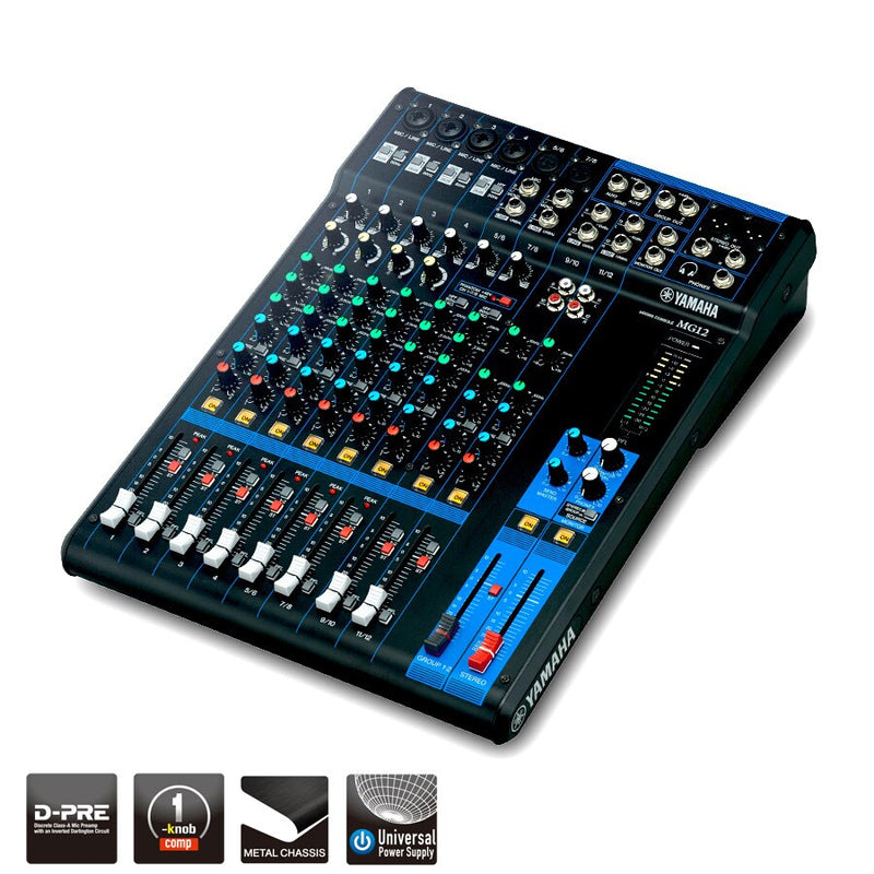 Yamaha MG12 – Console de mixage analogique 12 entrées avec préamplis D-PRE, compresseurs et EQ – Idéale studio, live et podcast