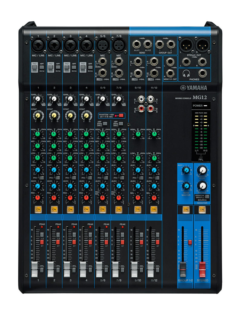 Yamaha MG12 – Console de mixage analogique 12 entrées avec préamplis D-PRE, compresseurs et EQ – Idéale studio, live et podcast