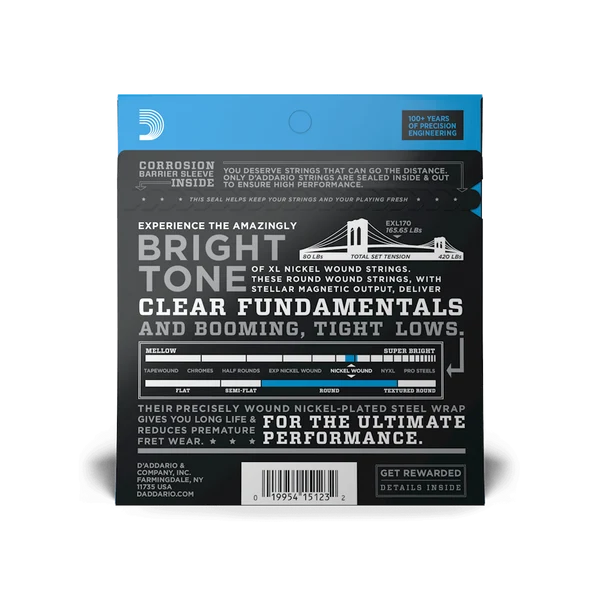 D’Addario EXL170 – Cordes de basse électrique en nickel, Regular Light, Long Scale (.045-.100)